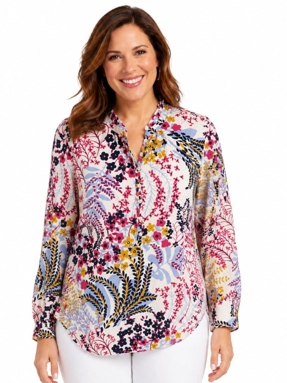 Lands End Cotton Long Sleeve Blouse Size Large Floral